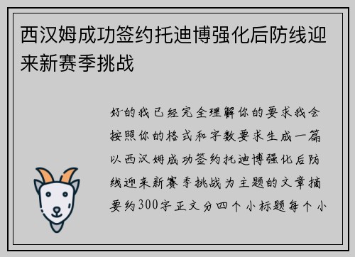 西汉姆成功签约托迪博强化后防线迎来新赛季挑战 西汉姆成功签约托迪博强化后防线迎来新赛季挑战