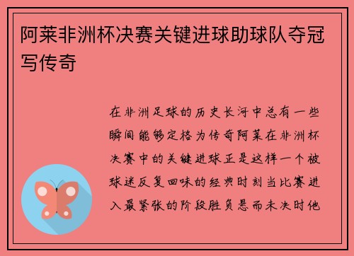 阿莱非洲杯决赛关键进球助球队夺冠写传奇